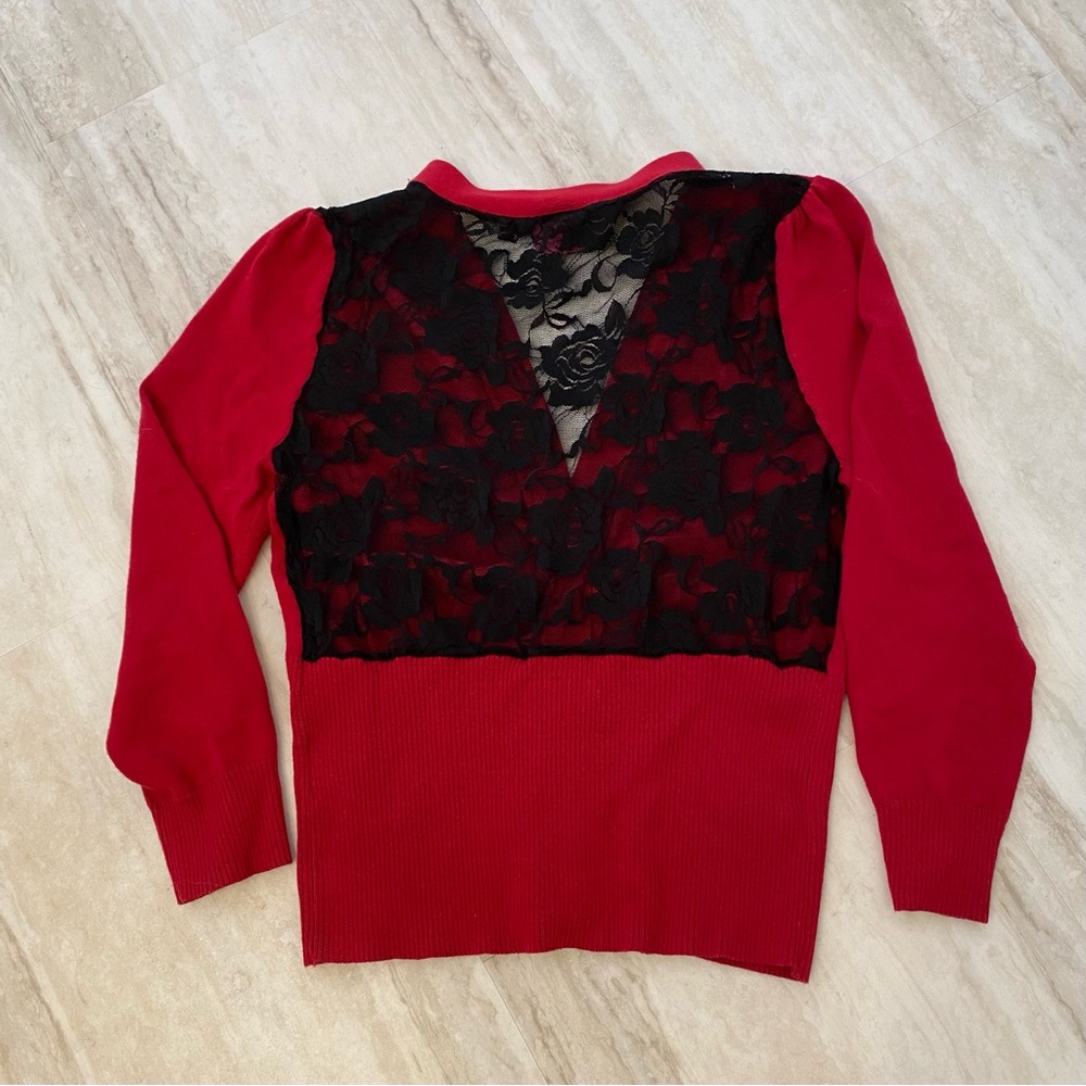 Take Out Dark Red Lace Back Cardigan Button Sweater for Valentine's Day Date